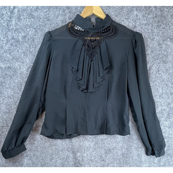 David Benjamin Shirt Womens Large Black Ruffle Button Back Lace Sheer - Picture 1 of 6
